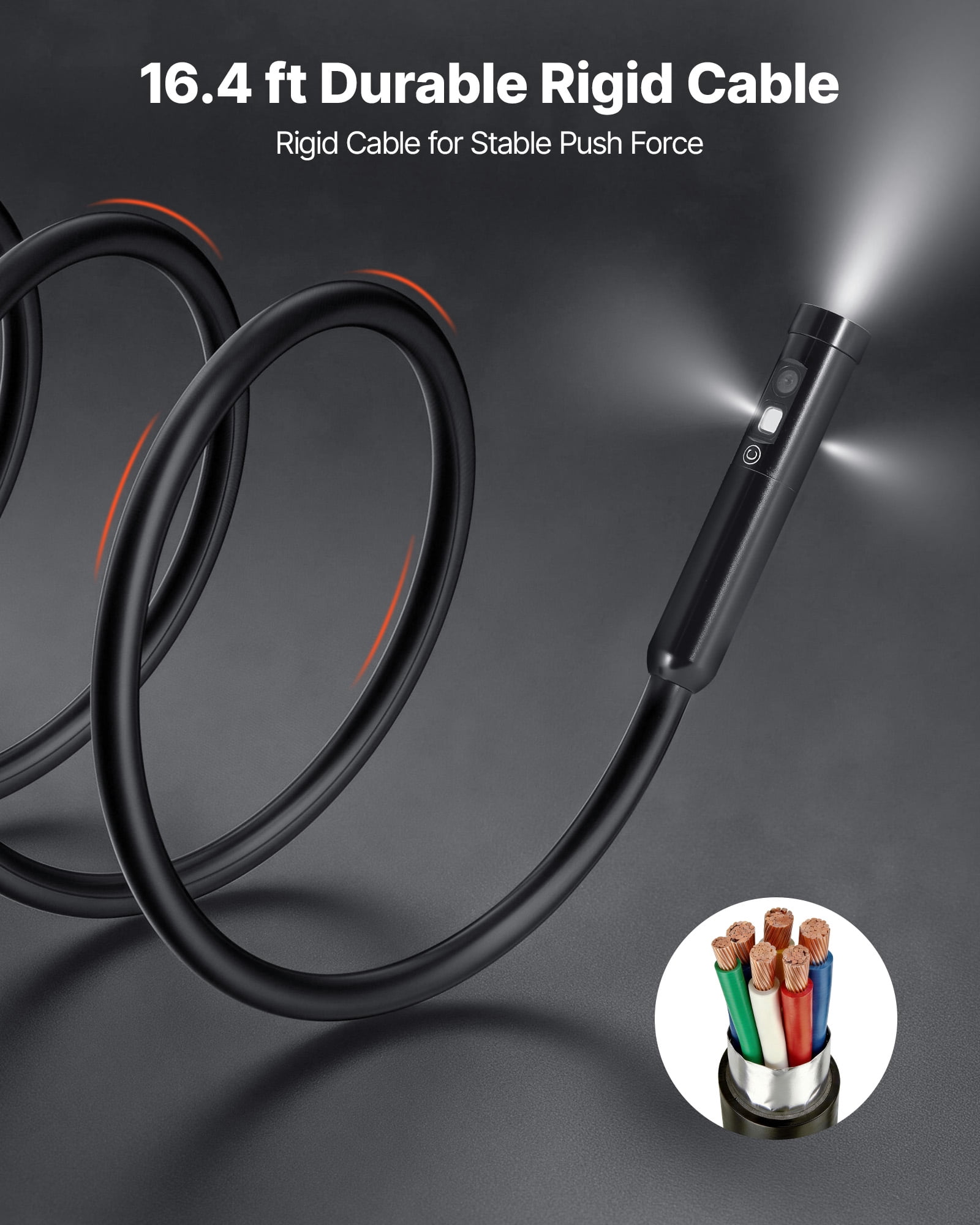 VEVOR Triple Lens Endoscope with Light, 5" HD IPS Screen Industrial Borescope, 1280 x 720 Lens, 8 + 2 LEDs, 8X Zoom, IP67 Waterproof Inspection Snake Camera for Auto, Plumbing (16.4FT Rigid Cable)