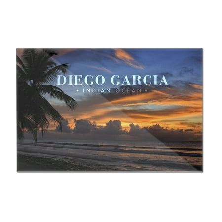 Indian Tree Saucer - Diego Garcia, Indian Ocean - Beach and Palm Tree Sunset - Lantern Press Photography (12x8 Acrylic Wall Sign)