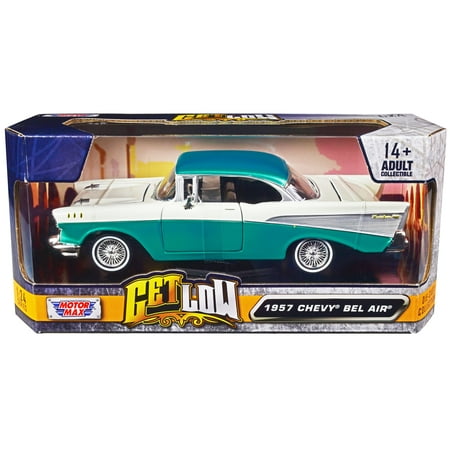 1957 Chevrolet Bel Air Lowrider Turquoise Metallic and White "Get Low" Series 1/24 Diecast Model Car by Motormax