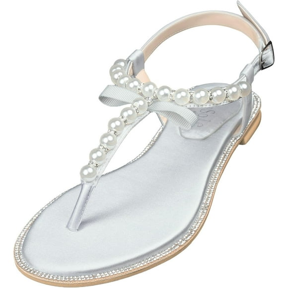 SHIQI-Women's White Pearl Flat Sandals Sparkly Rhinestone Open Toe Dressy Bridal Wedding Shoes