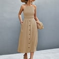 thumbnail image 2 of Defitshape Women's Casual Dress Solid Summer Strappy Backless Halter Party Dresses Ruched Paper Bag High Waist Sleeveless Sundress Apricot 14, 2 of 4