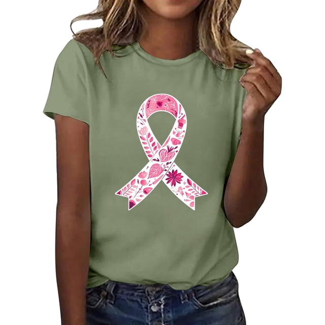 Women's Casual Round Neck Short Sleeve T-Shirt Featuring Cancer Awareness Ribbon Print for Everyday Comfort and Support