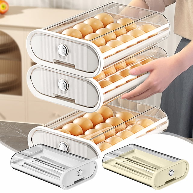 Iumwxz Kitchen Organizers Eggs Storage Eggs Racks Refrigerator Eggs Storage Boxes Clear Visible Large Capacity Space Saving Food Grade Drawer Rolling Refrigerator Eggs Racks Beige Holiday Saving