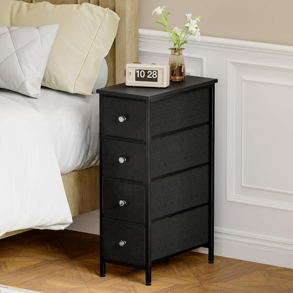 Narrow Storage Cabinet, Small Dresser with 4 Drawers, Slim Fabric Dresser Storage for Small Spaces, Black Nightstand Side Table for Bedroom, Bathroom, Laundry, Closet, Dorm