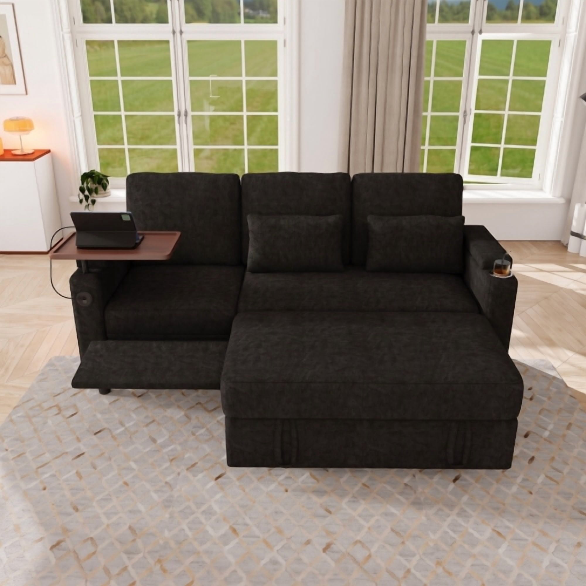 81" 3-in-1 Convertible Sofa Bed, Electric Recliner & Sleeper with Table, USB Ports, Storage Armrests, Chenille, 6 Adjustable Positions, Black