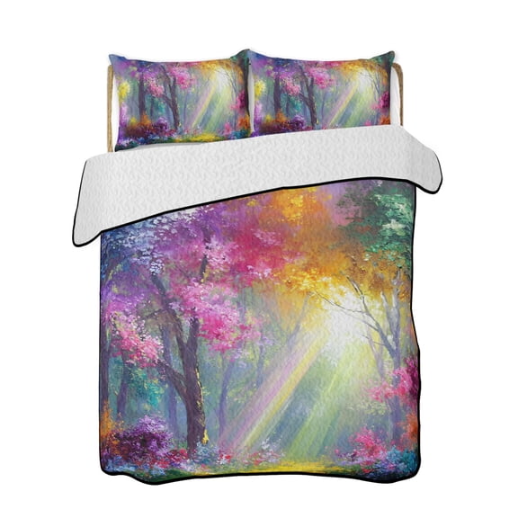 Twin XL Quilt Bedding Set, Spring Tree Reversible Summer Quilt 3 Pieces, Forest Sunbeams Floral Botanical Lightweight Bedspreads Coverlets with 2 Pillow Shams for All Seasons