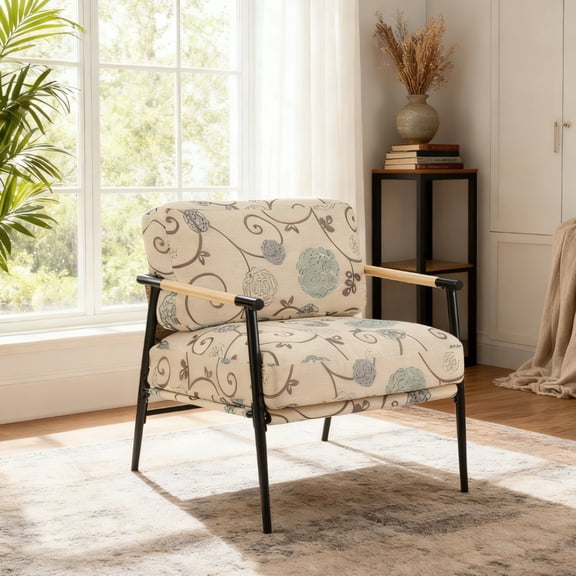 Christopher Knight Home Mid-Century Modern Floral Upholstered Accent Chair, Wooden Armrest, Metal Frame, White   Multi