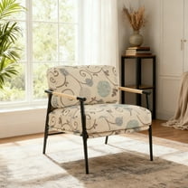 Christopher Knight Home Mid-Century Modern Floral Upholstered Accent Chair, Wooden Armrest, Metal Frame, White Multi