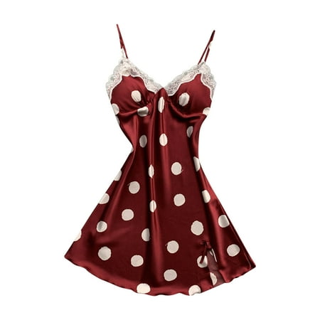 

Pajamas for Women Casual Suspender Lace Decoration Polka Dot Print Red S Sleepshirts