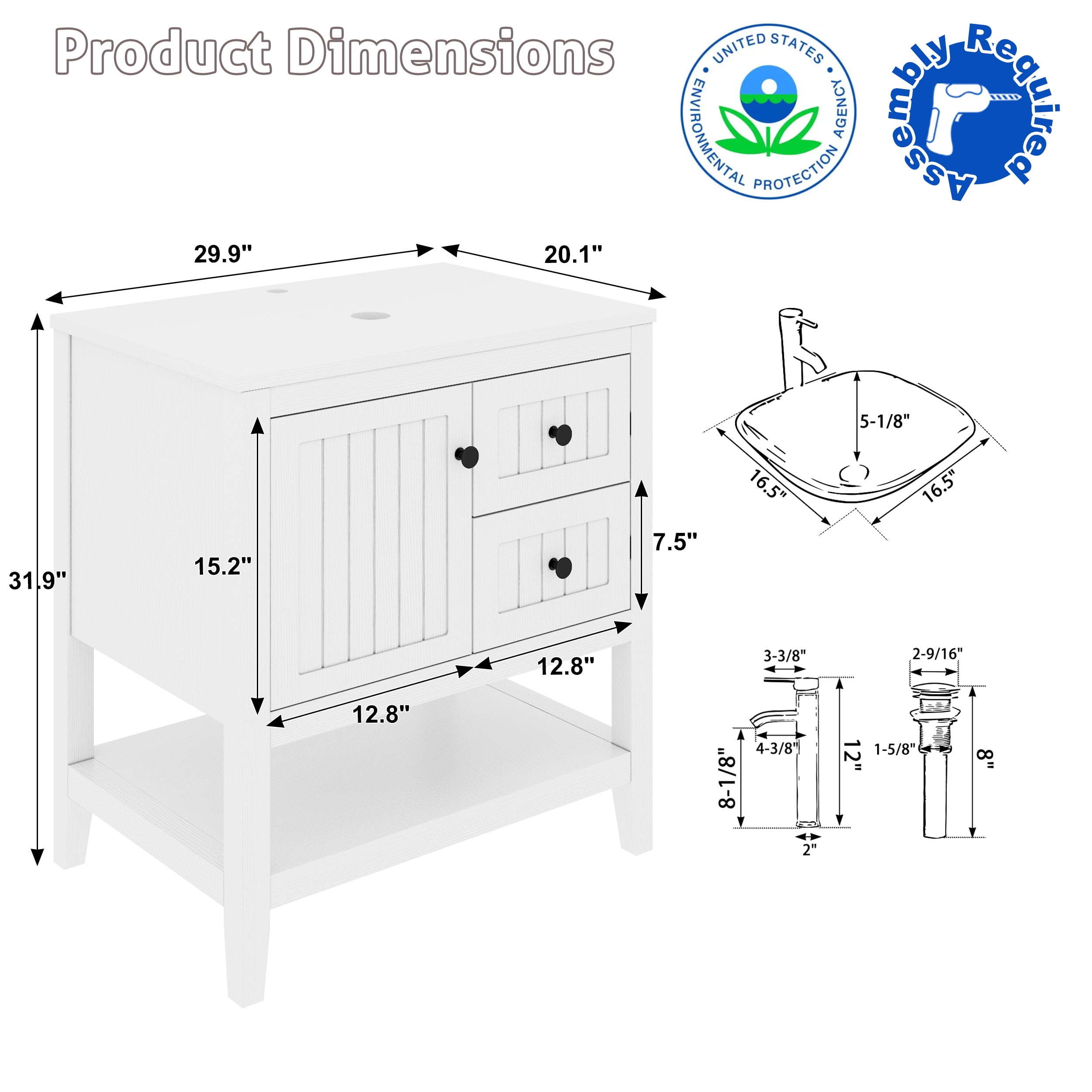 Eclife 30" Freestanding Bathroom Vanity Set with Vessel Sink, Faucet and Drain