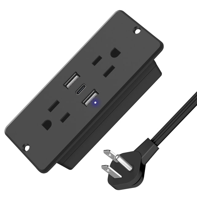5 in 1 Recessed Power Strip Flat Plug, 20W Fast Charging Furniture Outlet with USB, 2 USB Ports 1 USB-C, 6ft Power Cord.