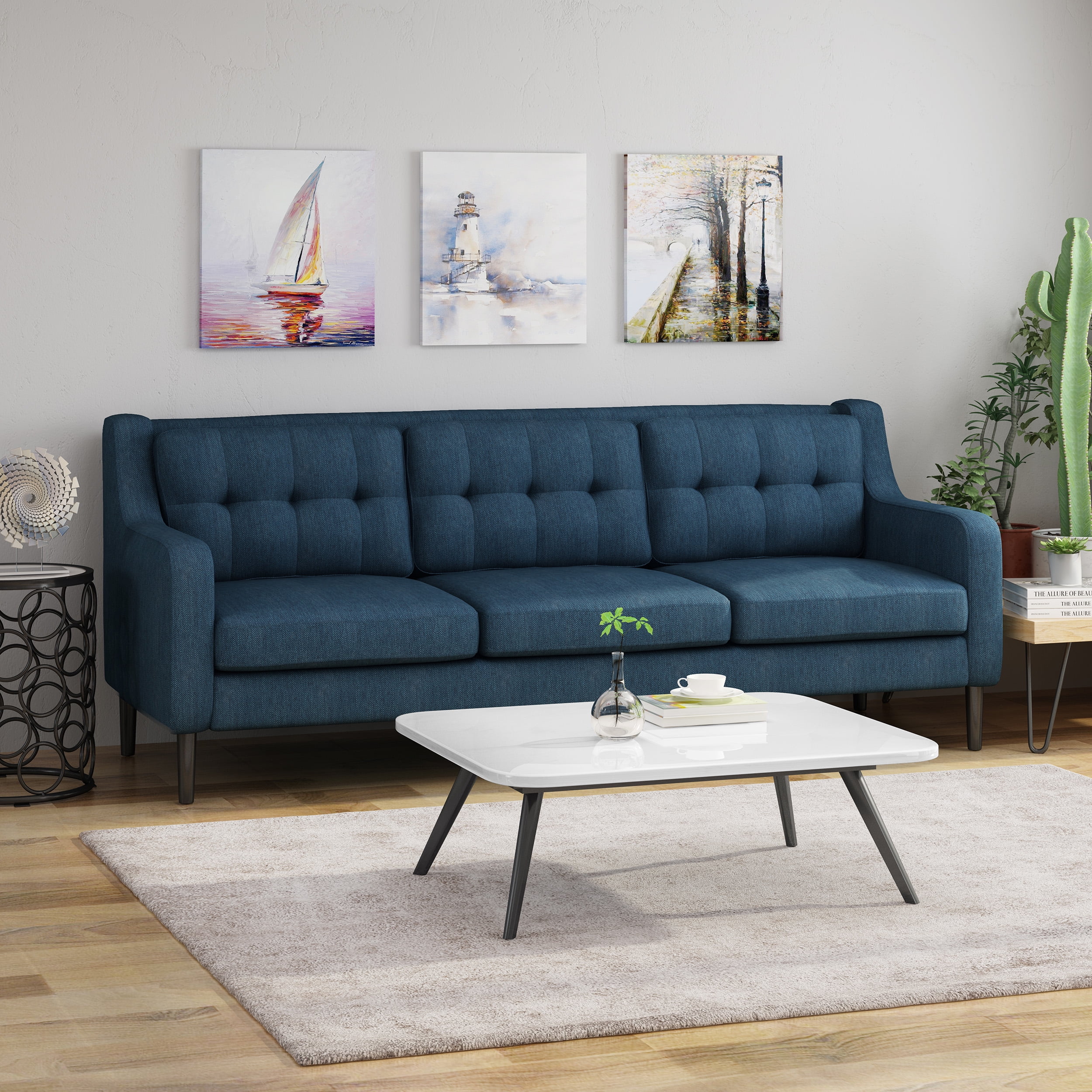 Daelynn Tufted Fabric 3 Seater Sofa, Navy Blue and Espresso - Walmart.com