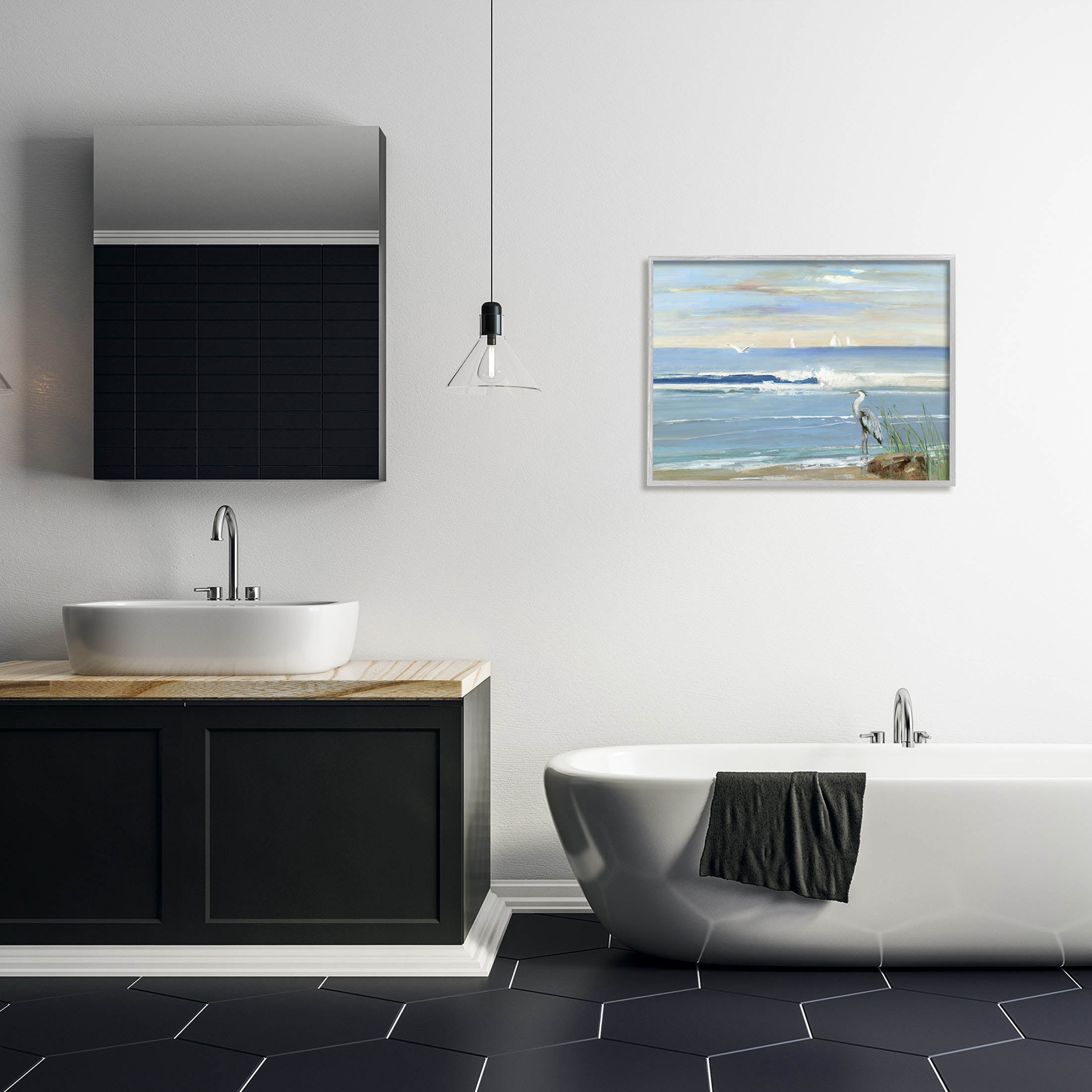 Stupell Industries Heron Splashing Beach Waves Painting Gray Framed Art Print Wall Art, Design by Sally Swatland