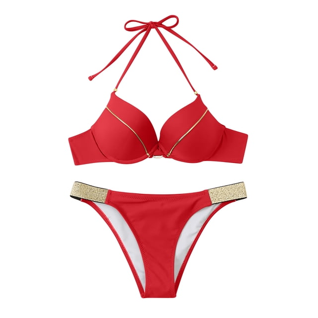Mujer Cómodo sólido con almohadillas en el pecho con soporte de acero Seaside Beach Swim Bikinis Set Traje de baño dividido OAVQHLG3B Store lin121212
