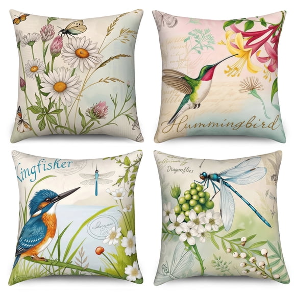 Dashan Spring Birds Pillow Cover 18x18 Set of 4,Flower Butterfly Cushion Cases for Couch Sofa Bed Home Decor