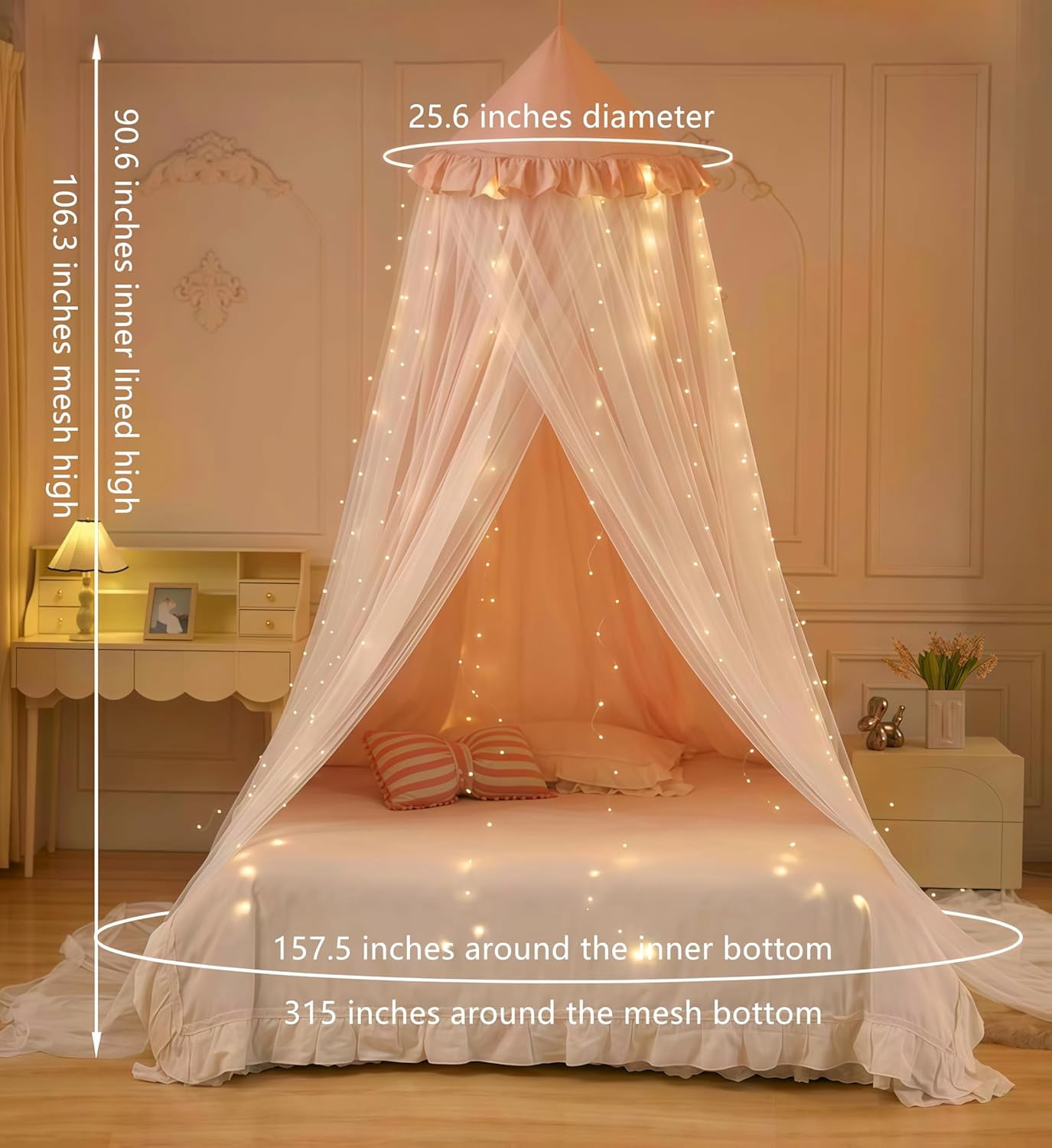 Princess Bed Canopy for Girls, Double Layer Canopy with 250pcs Warm White Curtain Lights, Fits Twin/Full Bed - Fairy Bed Tent for Kids Room Decor,Pink
