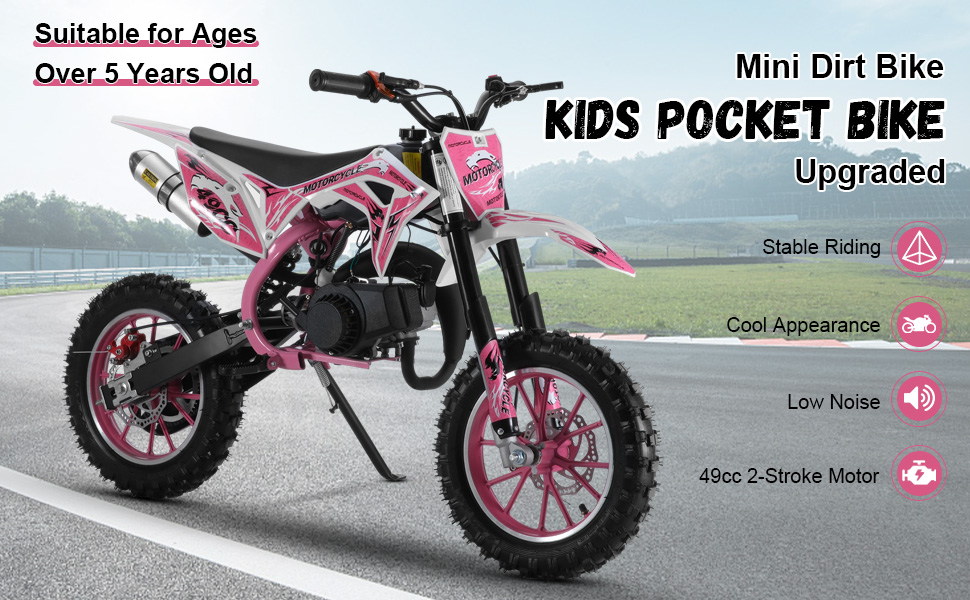 Mohsoe Enhanced 49CC 2-Stroke Dirt Bike, 25MPH Motor, Larger Fuel Tank & Upgraded Frame for Better Stability