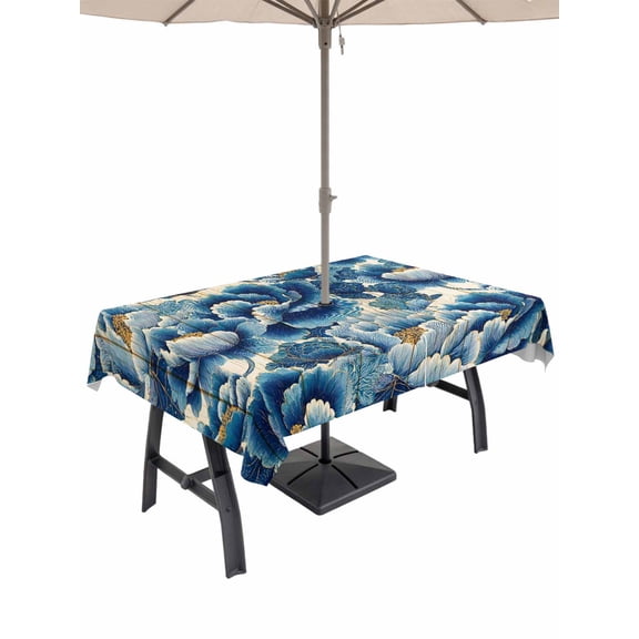 Outdoor Tablecloth with Umbrella Hole for Patio/Picnic/Party/Camping, Blue Peonies Waterproof Table Cloth Rectangle Table Cover Washable, Retro Flowers Country Floral Wood Board (54"x 80")
