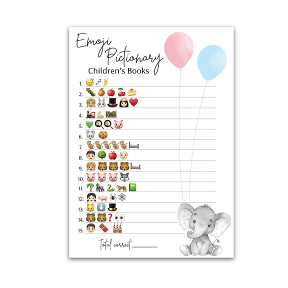 GENDER REVEAL Party Game — Pack of 25 — Emoticons Pictionary Children's Books Baby Shower Games, Elephant Pink or Blue Baby Shower Game, Girl or Boy Sprinkle, Co-ed Couples Shower SKU G510-EMJ