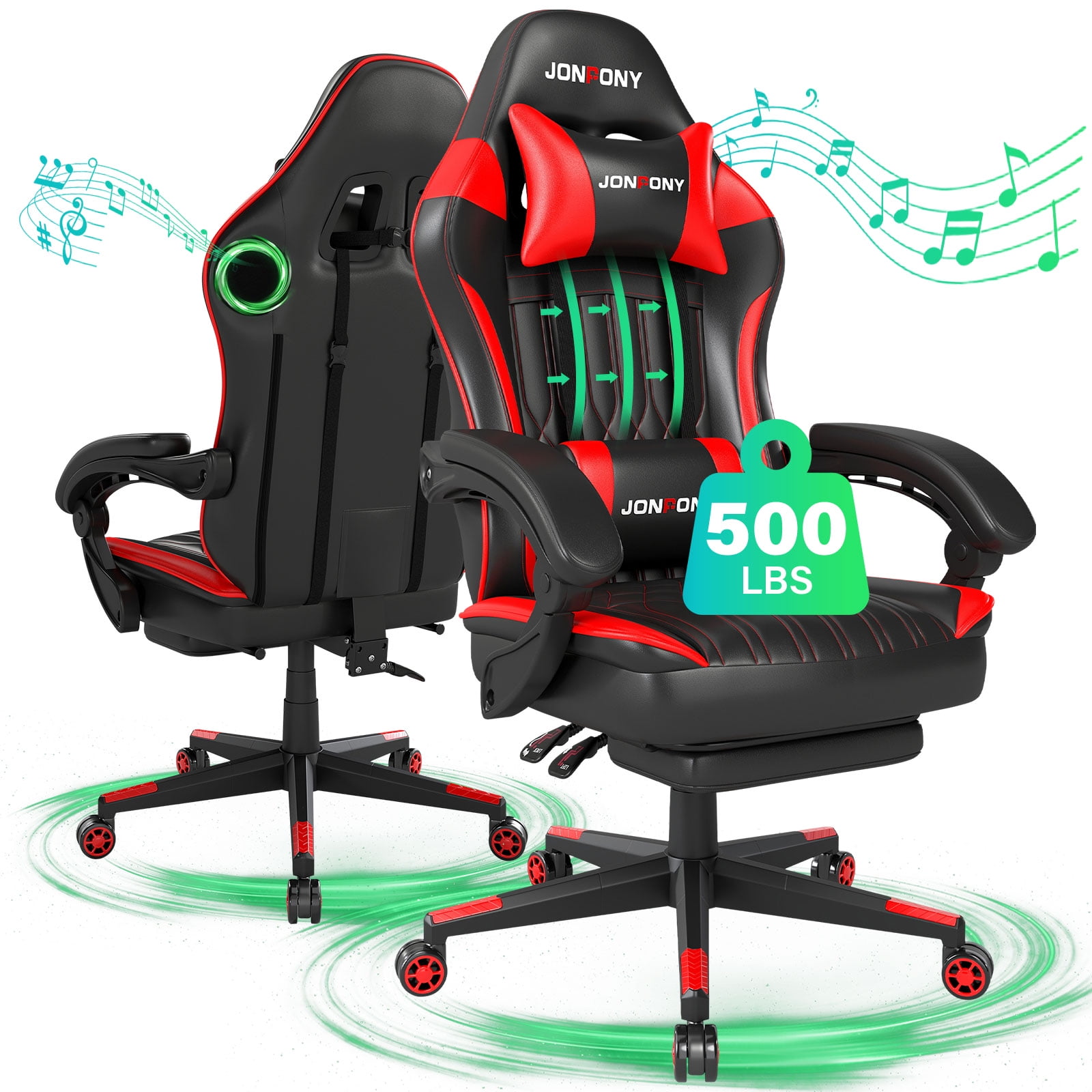JONPONY Big and Tall Gaming Chair with Bluetooth Speakers Gamer Chair with Footrest Game Chair with Lumbar Support and 360-Swivel Seat and Headrest for Adults, Red