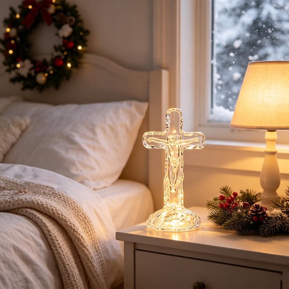 Transparent Cross LED Night Light for Small Tabletop Display, Warm Decorative Glow Fits Compact Shelves Tables Mantels and Desks, for Bedside Tables Mantels Shelves Desks Entry Consoles Home Decor