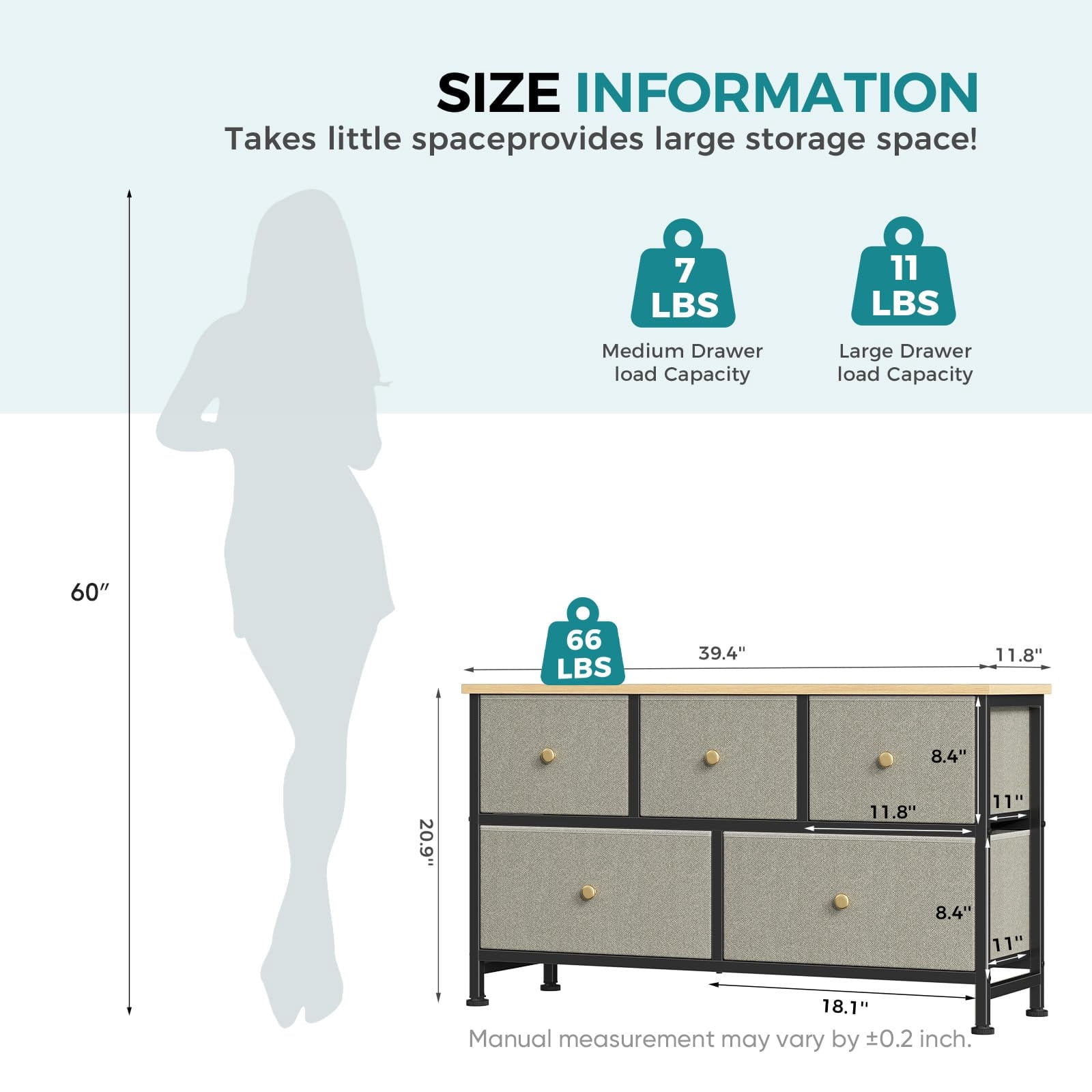 Telyra 5-Drawer Fabric Dresser TV Stand Organizer with Wood Top and Metal Frame, Greyish Green