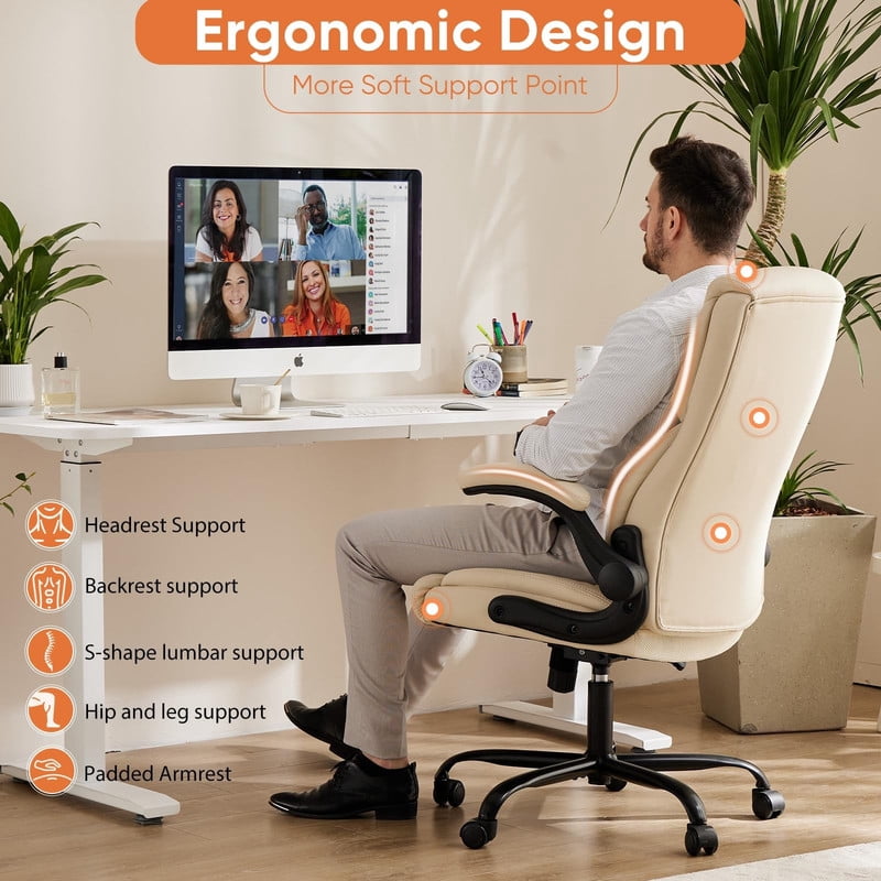 Kelno PU Leather Executive Office Chair with Flip Up Armrest Ergonomic Drafting Chair,White
