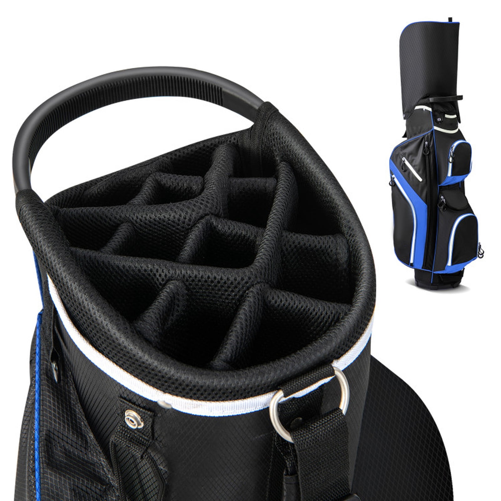 Airfind Tour-Cart 14-Way Golf Cart Bag with Color-Matched Rain Hood and Towel Ring featuring 9 zip pockets and a 9 in cart-well base for cart play, Marine Blue