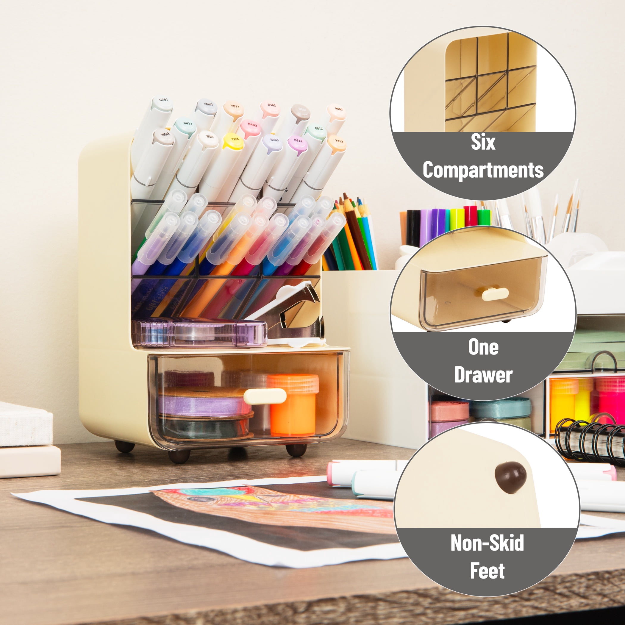 Mind Reader Compact Craft Supply Organizer with Drawer, 6 Slanted Compartments, Non-Skid Feet, Desktop Storages, Plastic, White