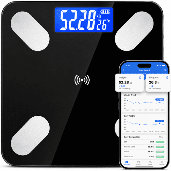 NIUTA® Smart Scale for Body Weight, Digital Bathroom Scale with Body Fat, BMI & Muscle Mass, Bluetooth Body Composition Weight Scale with App Sync, 400 lb Capacity, USB Rechargeable, Black