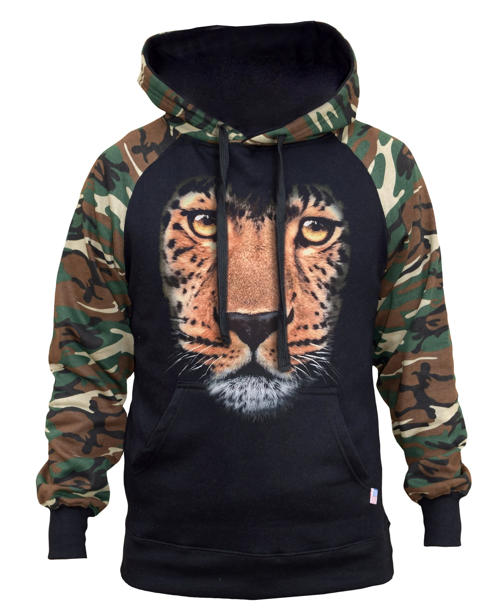 Interstate Apparel Mens Huge Leopard Face Black//Camo Raglan Baseball Hoodie Black