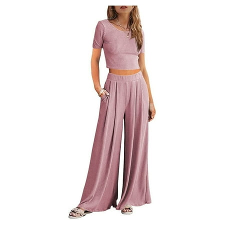 

Remikst Women’s Solid Color Lounge Set Long Sleeve Outfits Sets Ribbed Crop Top Palazzo PantsLoose Sweatsuit Knit 2 Piece Pajamas