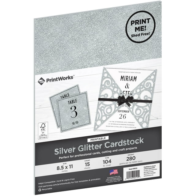 PrintWorks Printable Glitter Cardstock 8.5"X11" 15/Pkg-Silver -PW00515