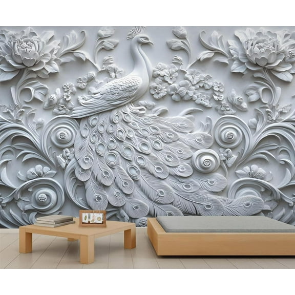 Relief Animal Phoenix Wall Mural, Stereo Peony Flower 3D Wallpaper, Nordic Modern Luxury Wall Sticker Wall Decor For Bedroom Living Room Children's Room 55"W x 28"H (Not Peel and Stick)