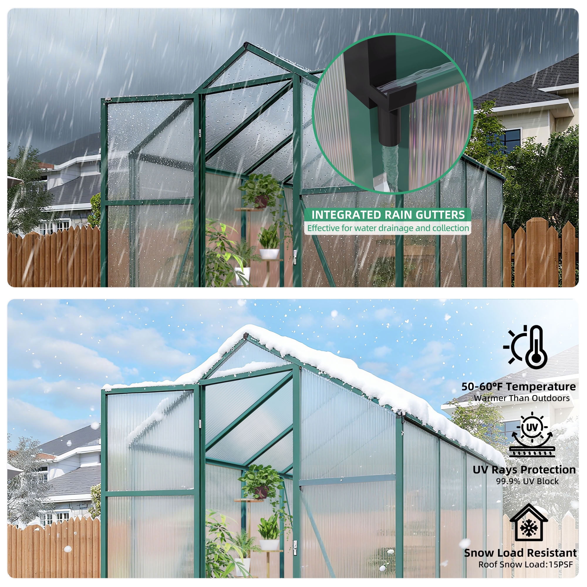 MAYEERTY 6x8 FT Walk-in Greenhouse with Raised Base, Aluminum Frame & Polycarbonate Panels, All-Season Outdoor Greenhouse