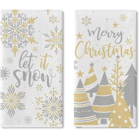 Merry Christmas Tree Snowflake Kitchen Dish Towels Set of 2, Grey Gold Xmas Let It Snow Drying Hand Towel Baking Cooking Cloth, Winter Holiday Bathroom Home Decoration 16 x 24 Inches