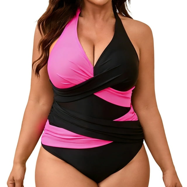 Daznico Solid Color Contrast V Neck Tie Side Swimsuit for Plus Size Women