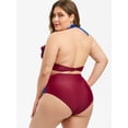 thumbnail image 3 of Rosegal Women Halter Ruffle Bow Two Tone Plus Size Bikini Swimsuit Red Wine 3X, 3 of 5