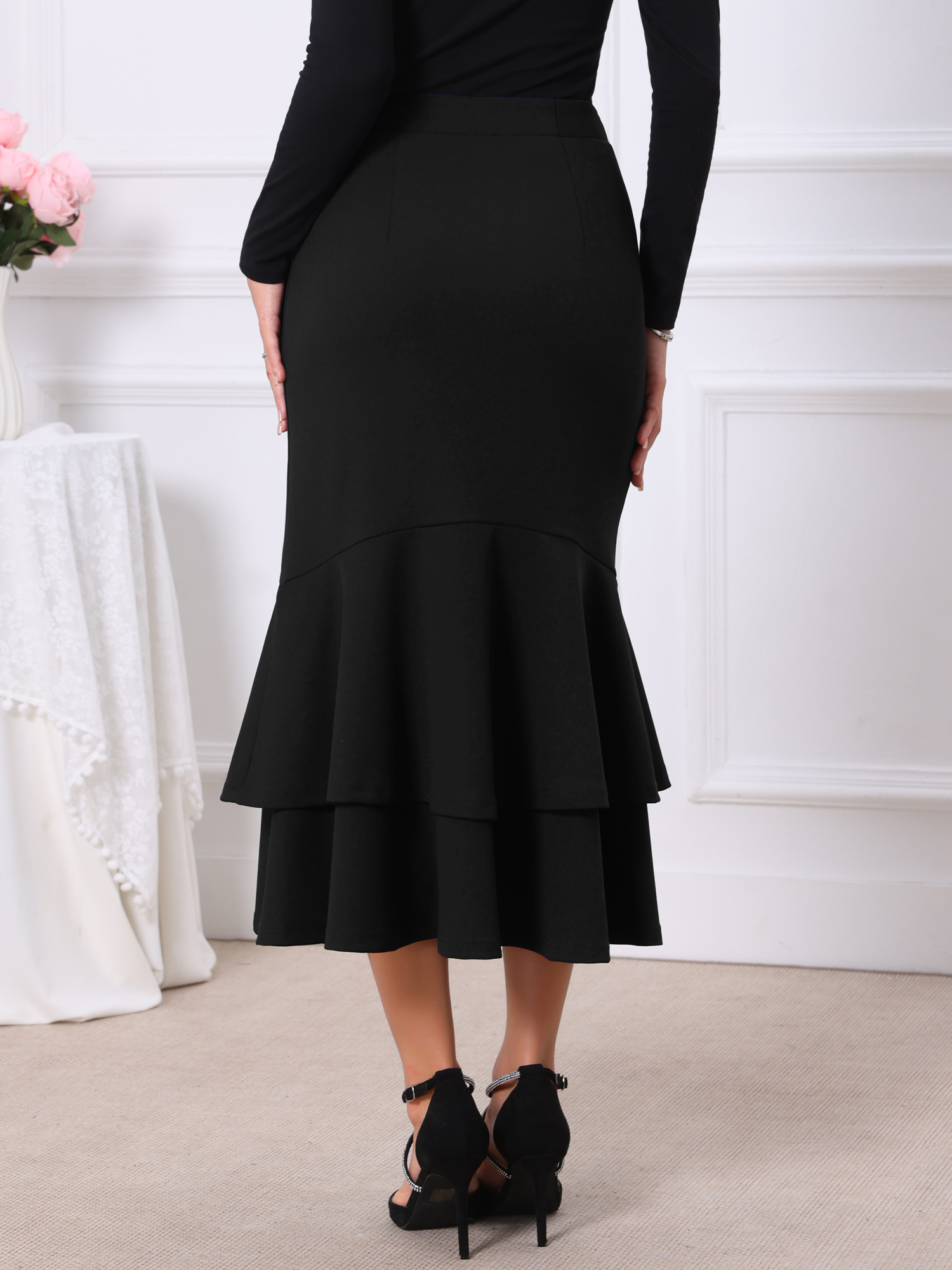 DARING DIVA Women's Ruffle Fishtail Skirt High Waist Bodycon Skirts S Black