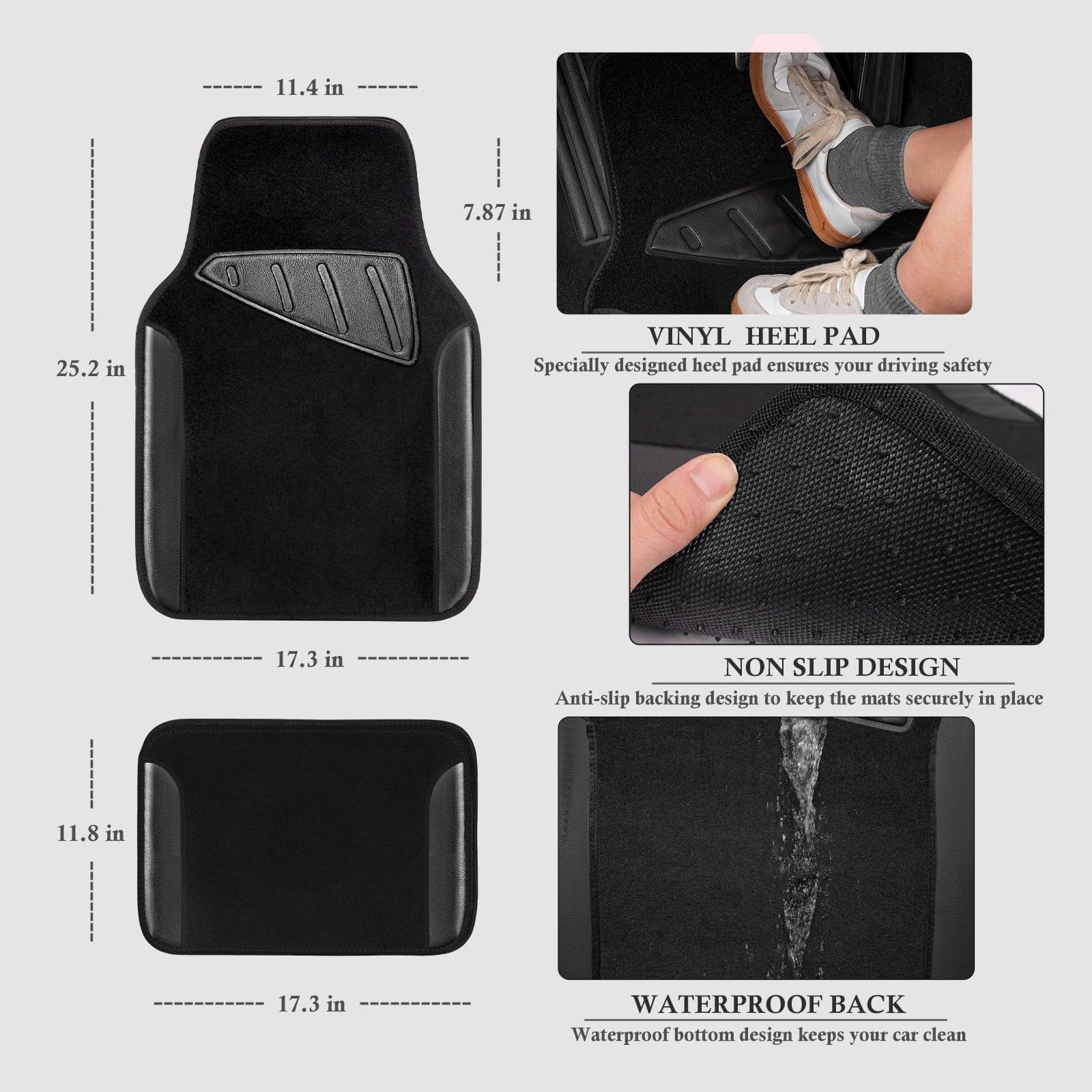 CAR GRAND Faux Leather Car Steering Wheel Cover Combo Pack Car Floor Mats, Universal Fit Waterproof Anti-slip Carpet 14.5-15 Inches Black & Black