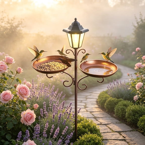 LACKUST Solar Bird Feeder with Light, 2-Tier Metal Ground Stake Bird Bath & Feeding Station for Garden, Rustic Brown