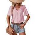 thumbnail image 1 of Camiseta hueca de manga corta con cuello en V para mujer, camiseta informal holgada con botones frontales de verano, Top Coral Pink M, 1 of 5
