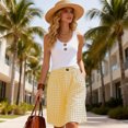 thumbnail image 4 of Vivianyn HD Women's Gingham Plaid Shorts, Elastic Waist Button Casual Loose Fit Knee Length Bottoms,Yellow,Size S-XXXL, 4 of 9