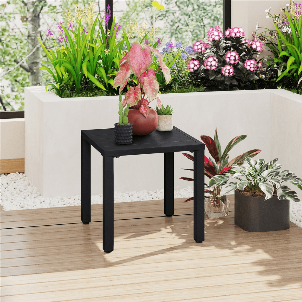 Renwick Outdoor Square Metal Side Table with Slatted Top, Black