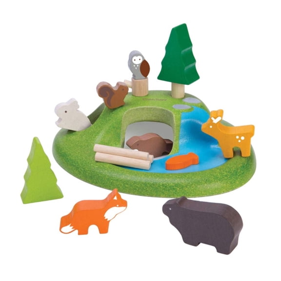 PlanToys® Wooden Animal Toy Set for Toddlers | 16 Pcs Montessori Forest Playset with Trees, Cave, and Mountain | Eco-Friendly Educational Toys for Kids | Open-Ended Nature Pretend Play