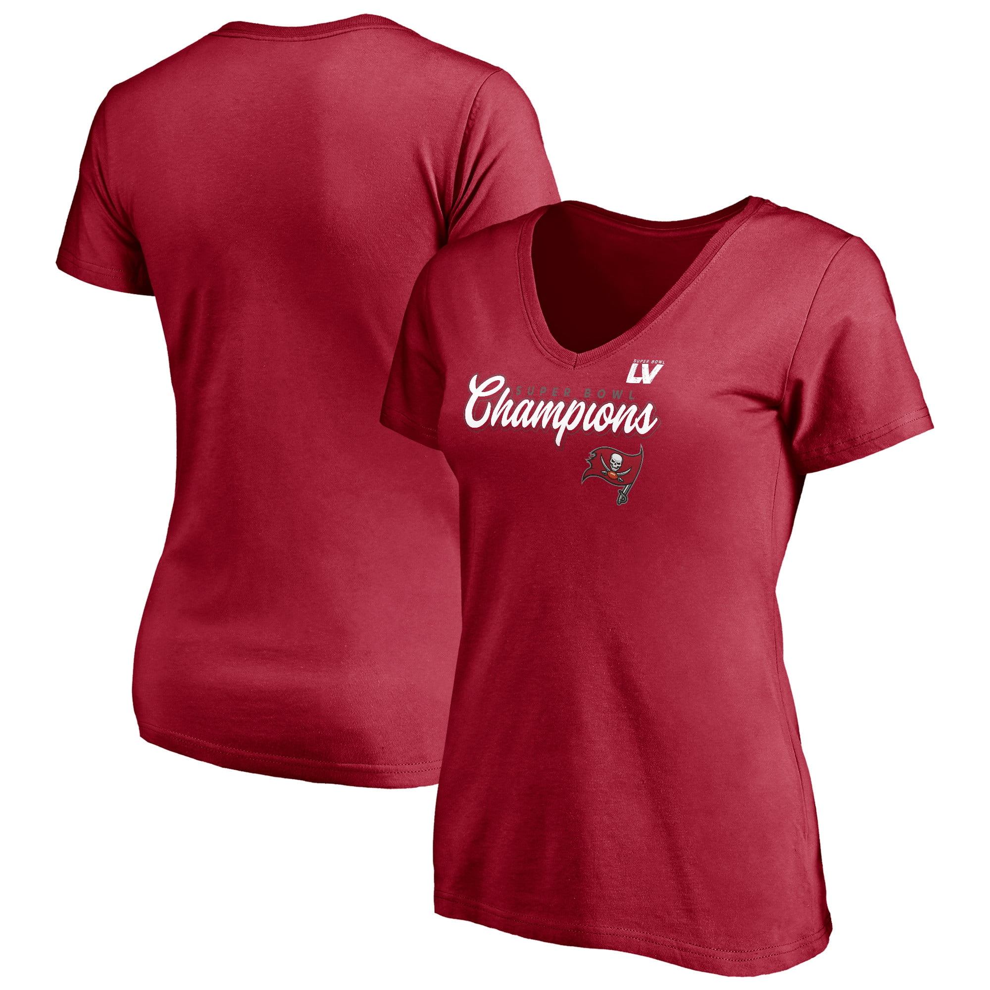 Women's Fanatics Branded Red Tampa Bay Buccaneers Super Bowl LV Champions Hail Mary V-Neck T-Shirt