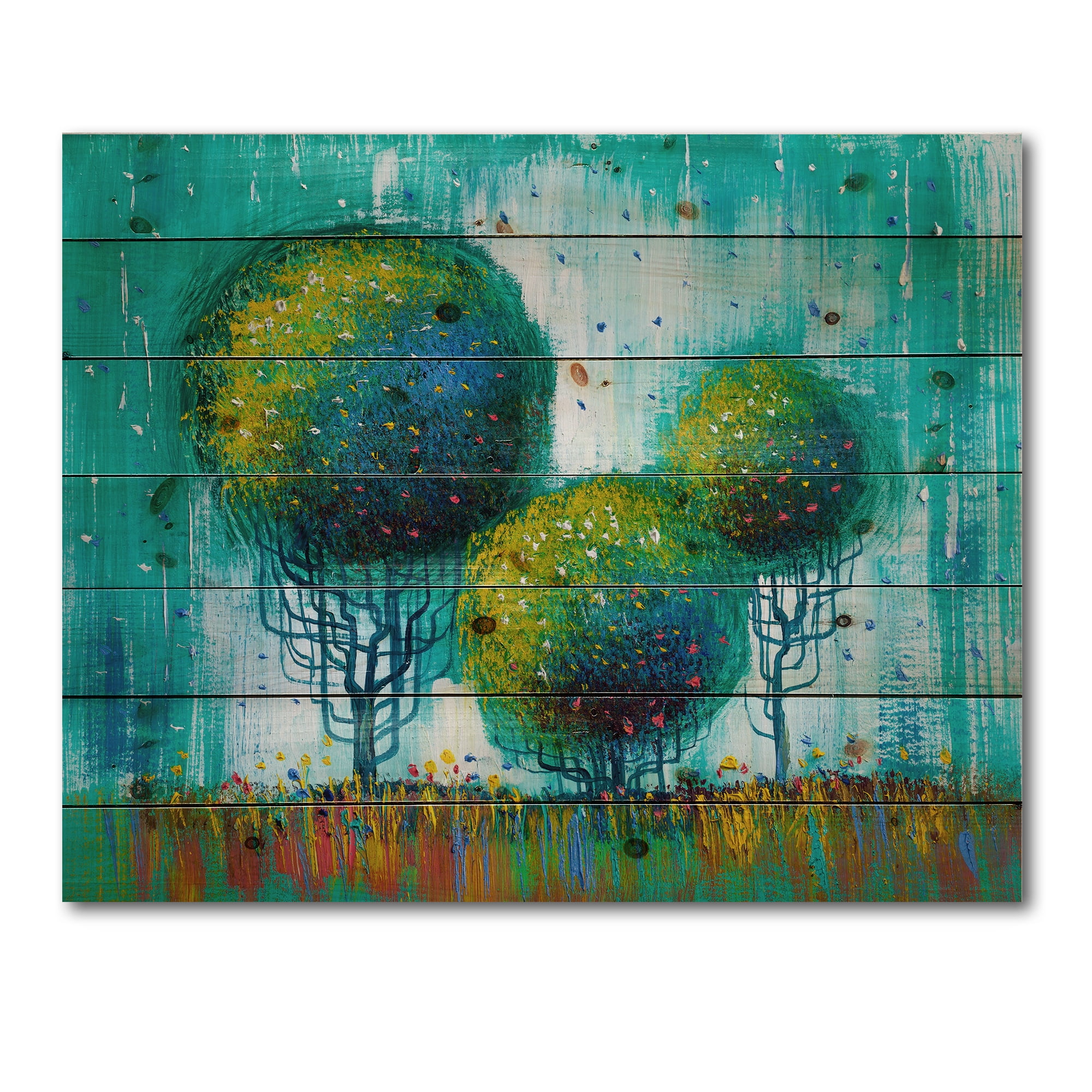Designart 'Colourful Landscape Trees Impressionist II' Modern Print on Natural Pine Wood