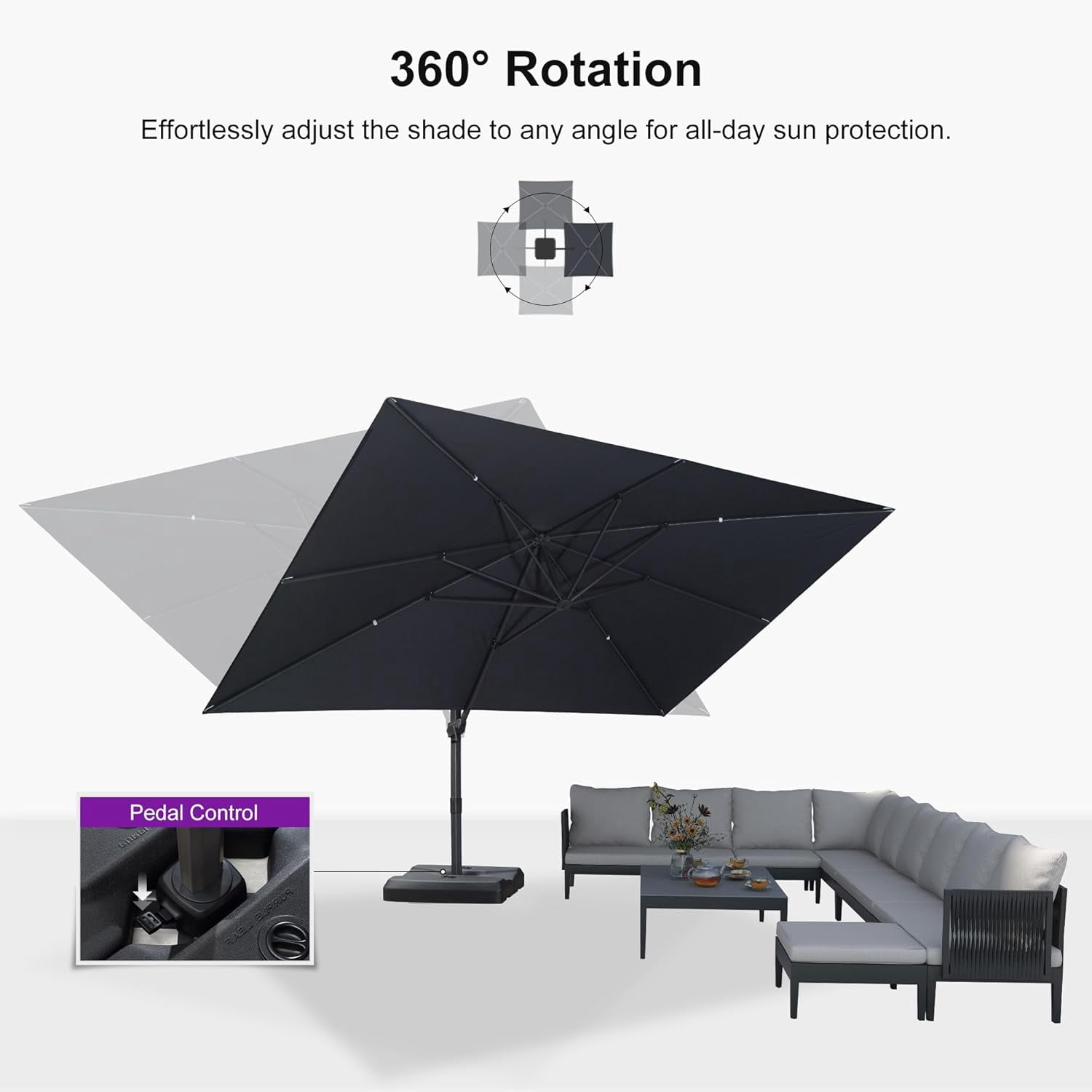 PURPLE LEAF OUTDOOR 10' × 13' Patio Cantilever Umbrella with Base Outdoor Rectangle Adjustable Offset Umbrellas with 360-degree Rotation and 8 Heavy Duty Metal Ribs for Garden Deck Pool Grey