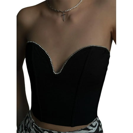 

Canrulo Women Strapless Bustier Top Sleeveless Ruched Crop Corset Tube Tops Knit Cutout Tank Cami Vintage Aesthetic Black L
