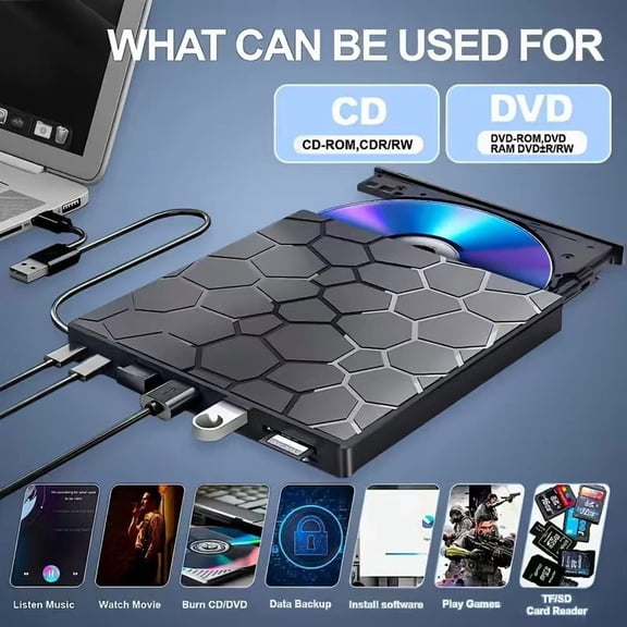 External CD/DVD Drive for Laptop, DVD Player for Laptop, 8 in 1 USB 3.0 Ultra-Slim Portable, CD Burner External Disk Drive Optical Compatible with Desktop Mac,Windows 11/10/8/7 Linux
